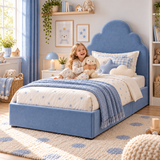 Plush Velvet Blue Kids Upholstered Cloud Bed with Under-Bed Side-Drawers