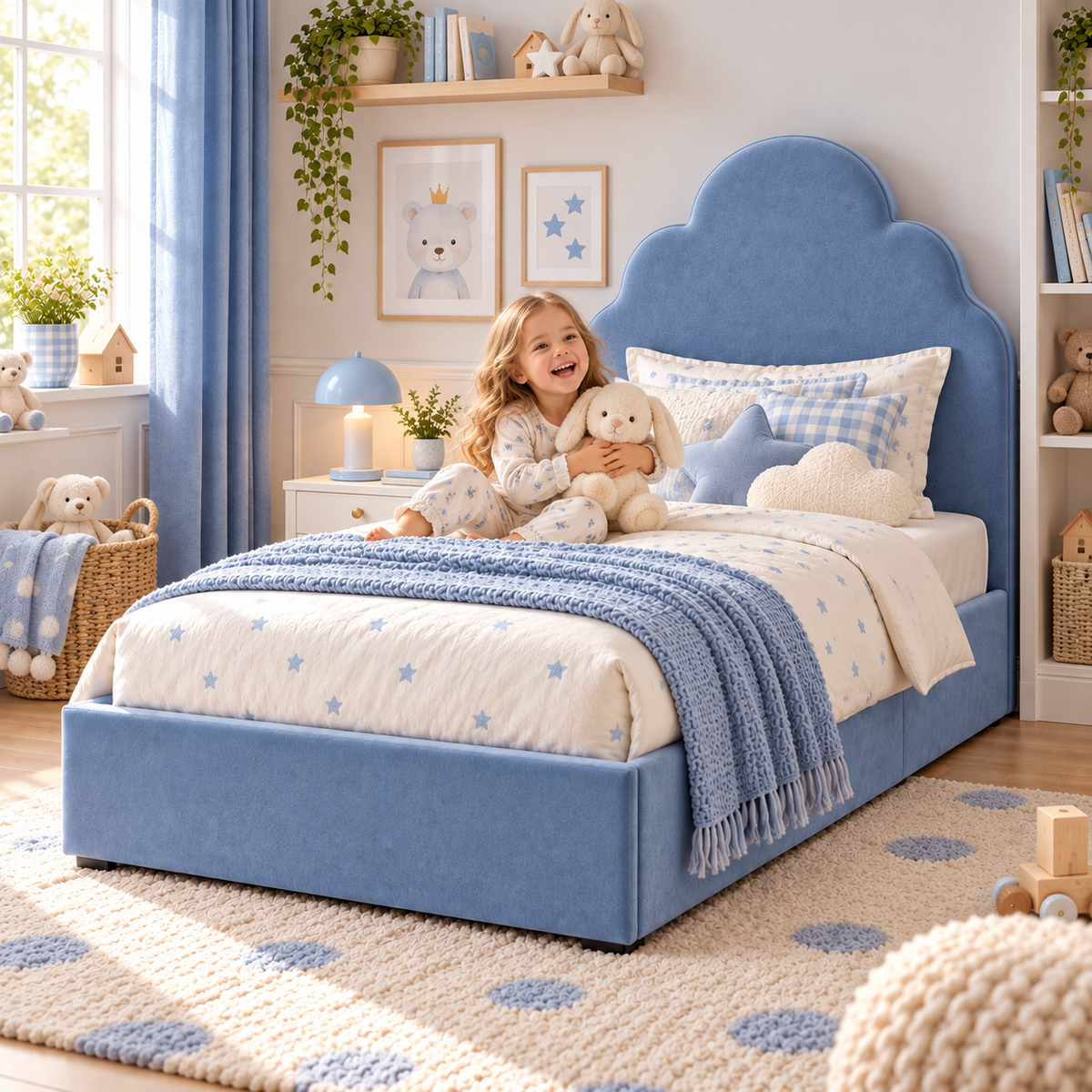 Plush Velvet Blue Kids Upholstered Cloud Bed with Under-Bed Side-Drawers