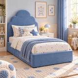 Plush Velvet Blue Kids Upholstered Cloud Bed with Under-Bed Side-Drawers