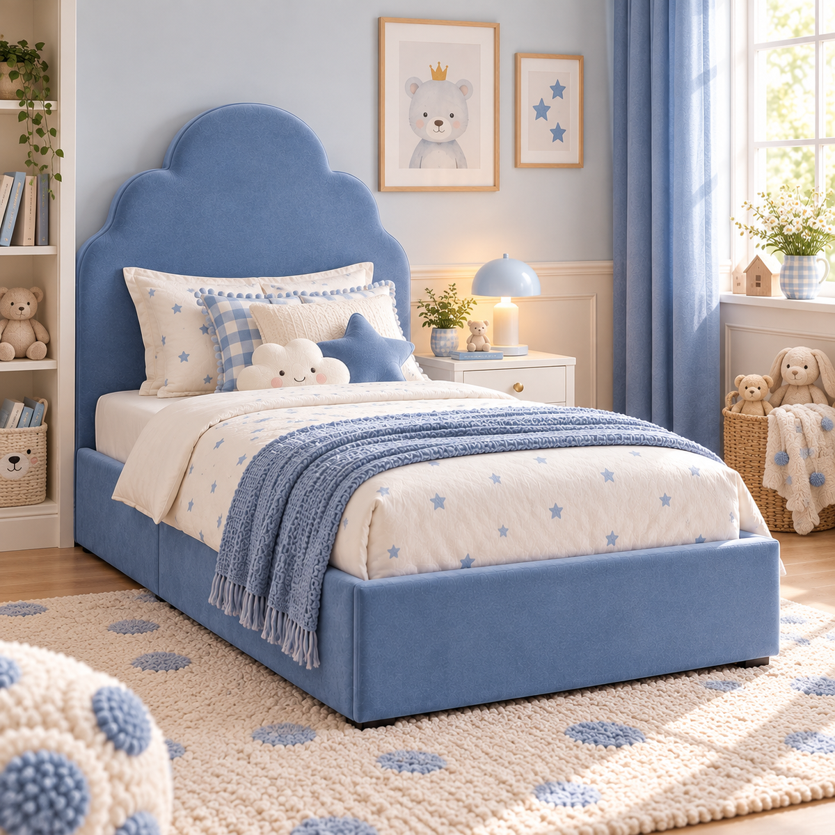 Plush Velvet Blue Kids Upholstered Cloud Bed with Under-Bed Side-Drawers