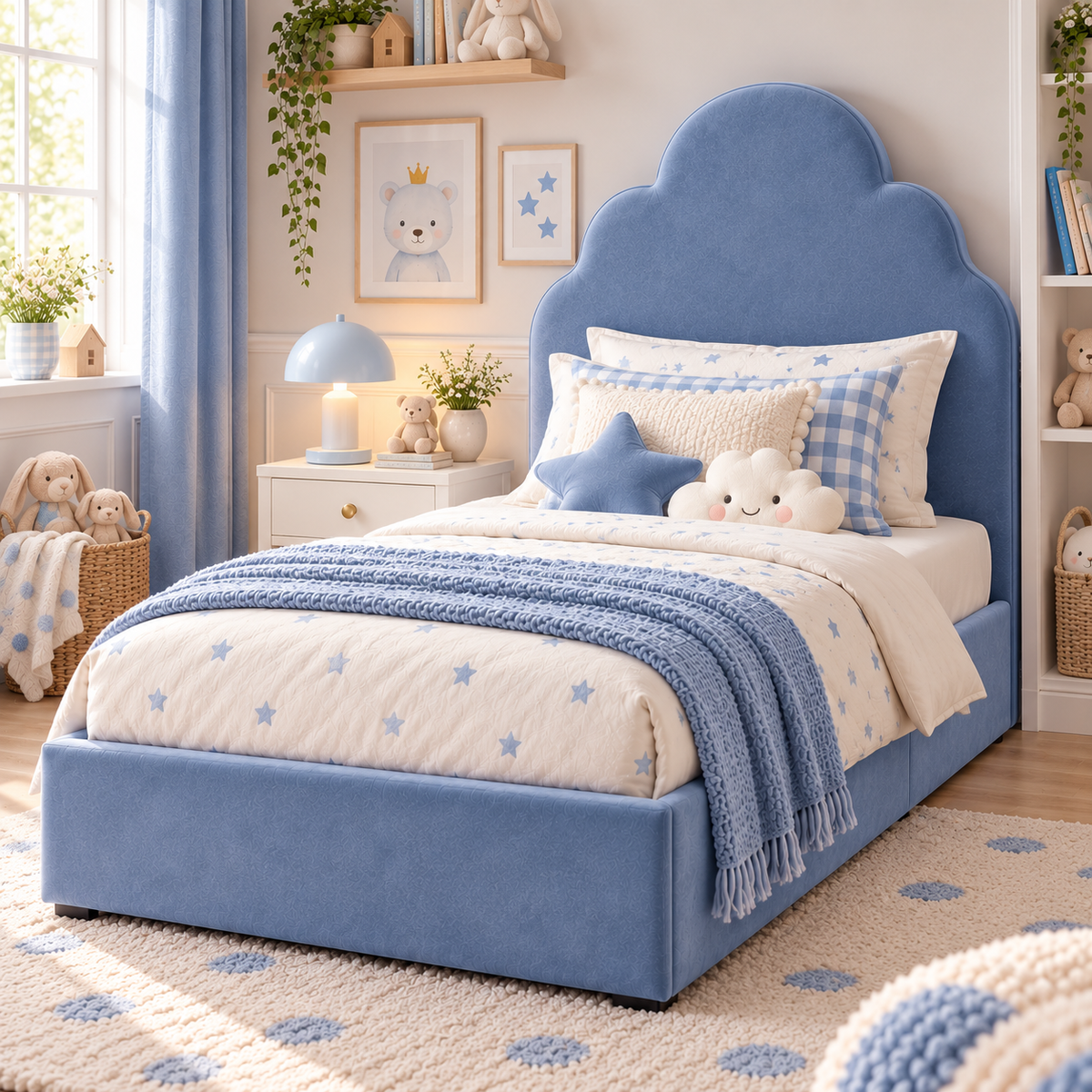 Plush Velvet Blue Kids Upholstered Cloud Bed with Under-Bed Side-Drawers
