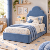 Plush Velvet Blue Kids Upholstered Cloud Bed with Under-Bed Side-Drawers