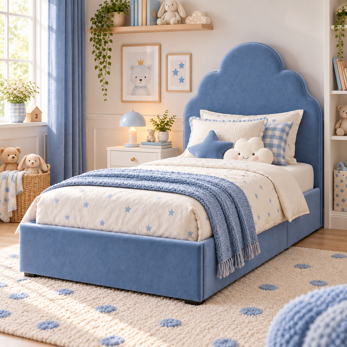 Plush Velvet Blue Kids Upholstered Cloud Bed with Under-Bed Side-Drawers