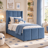 Plush Velvet Blue Kids Panelled Wingback Bed with Footboard and Under-Bed Side-Drawers