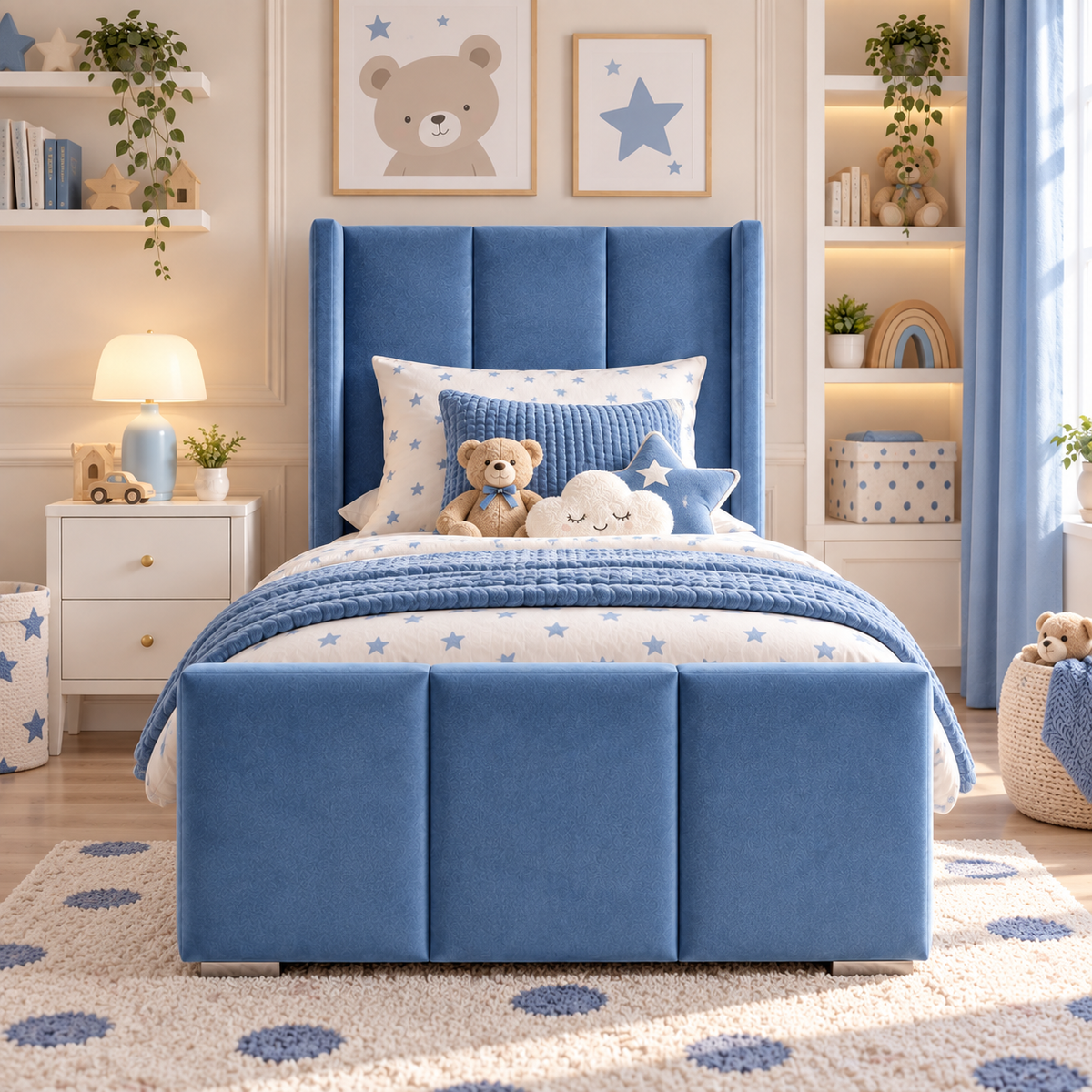 Plush Velvet Blue Kids Panelled Wingback Bed with Footboard and Under-Bed Side-Drawers