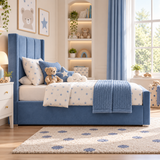 Plush Velvet Blue Kids Panelled Wingback Bed with Footboard and Under-Bed Side-Drawers