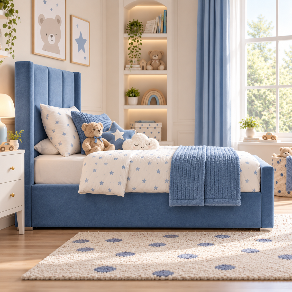 Plush Velvet Blue Kids Panelled Wingback Bed with Footboard and Under-Bed Side-Drawers