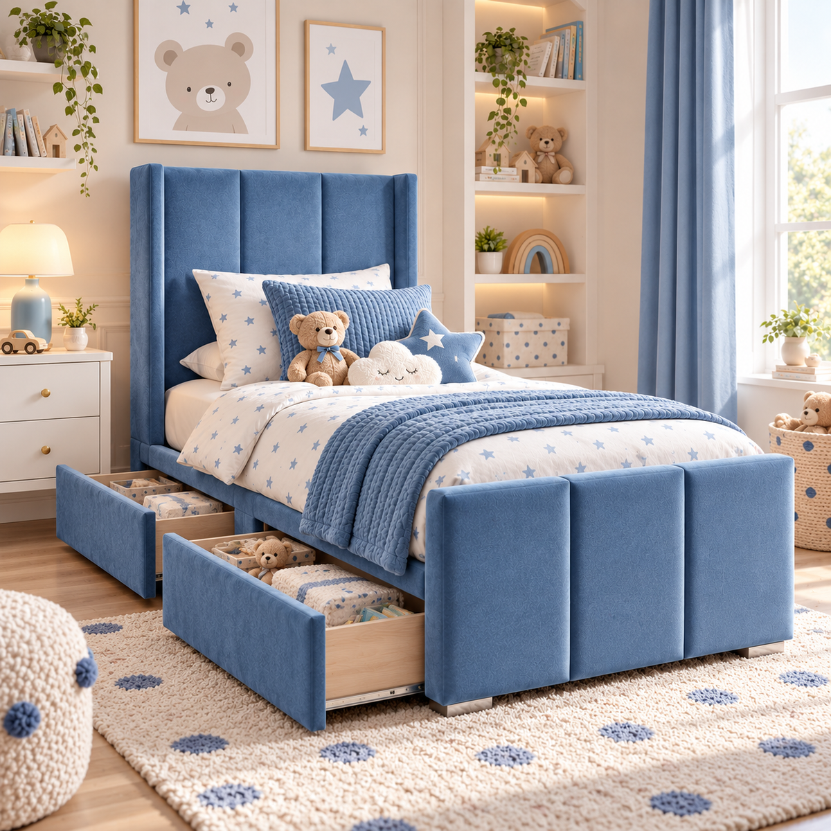 Plush Velvet Blue Kids Panelled Wingback Bed with Footboard and Under-Bed Side-Drawers