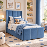 Plush Velvet Blue Kids Panelled Wingback Bed with Footboard and Under-Bed Side-Drawers