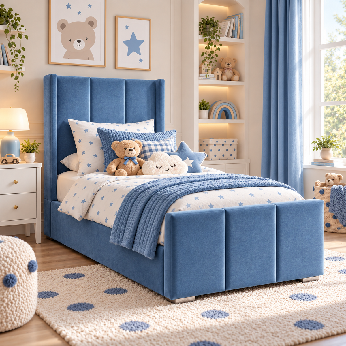 Plush Velvet Blue Kids Panelled Wingback Bed with Footboard and Under-Bed Side-Drawers