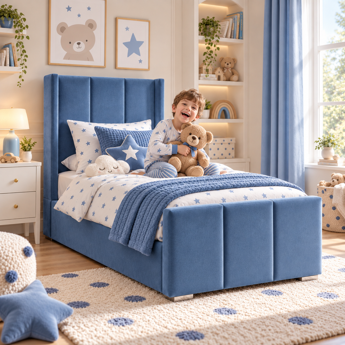 Plush Velvet Blue Kids Panelled Wingback Bed with Footboard and Under-Bed Side-Drawers