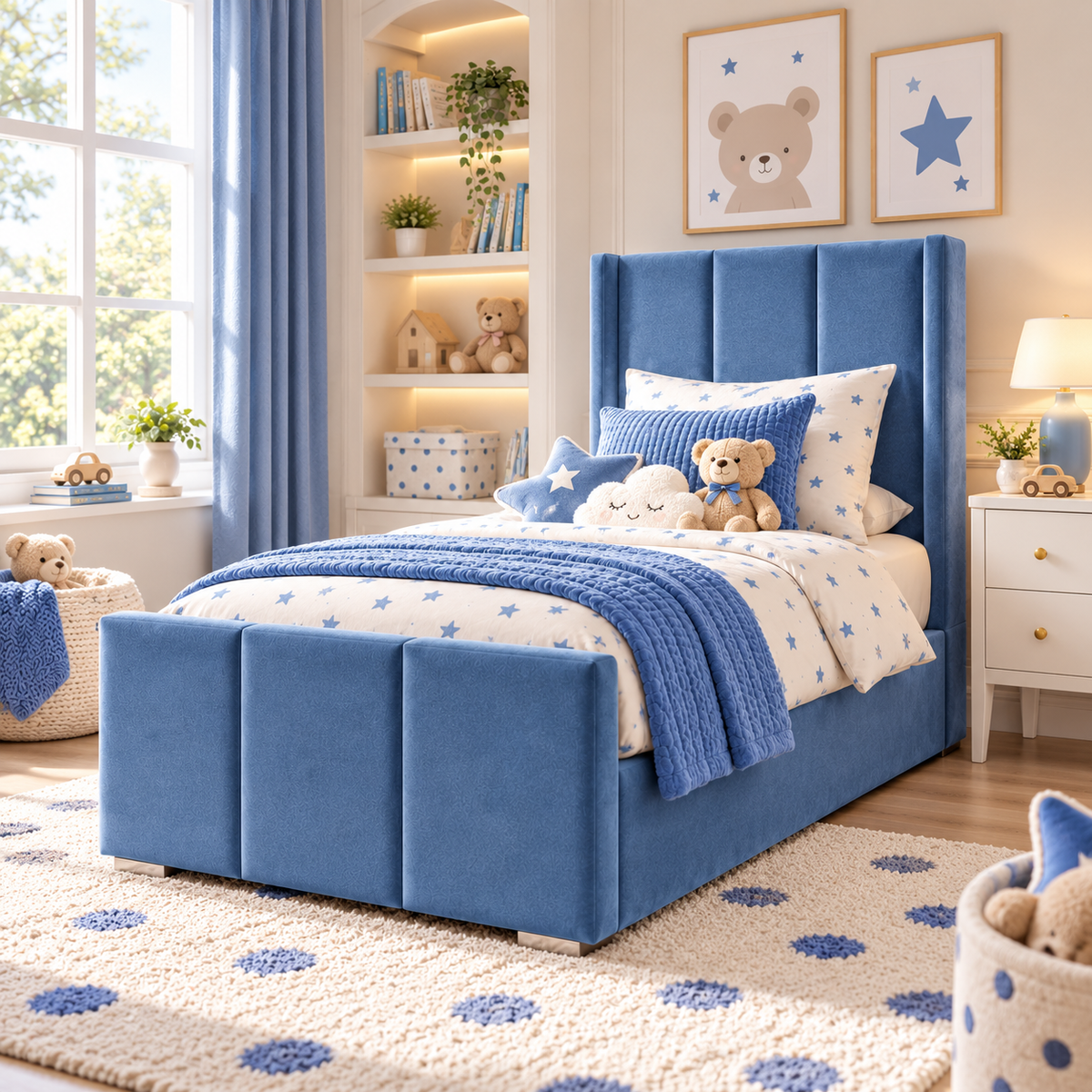 Plush Velvet Blue Kids Panelled Wingback Bed with Footboard and Under-Bed Side-Drawers