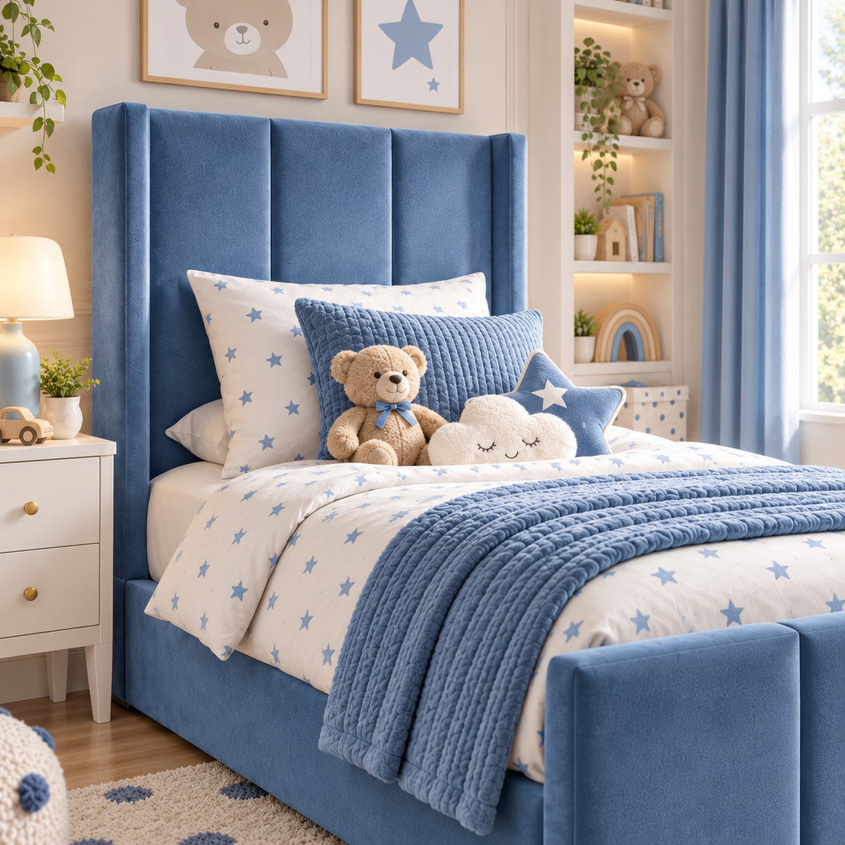 Plush Velvet Blue Kids Panelled Wingback Bed with Footboard and Under-Bed Side-Drawers
