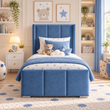 Plush Velvet Blue Kids Panelled Wingback Bed with Footboard and Under-Bed Side-Drawers
