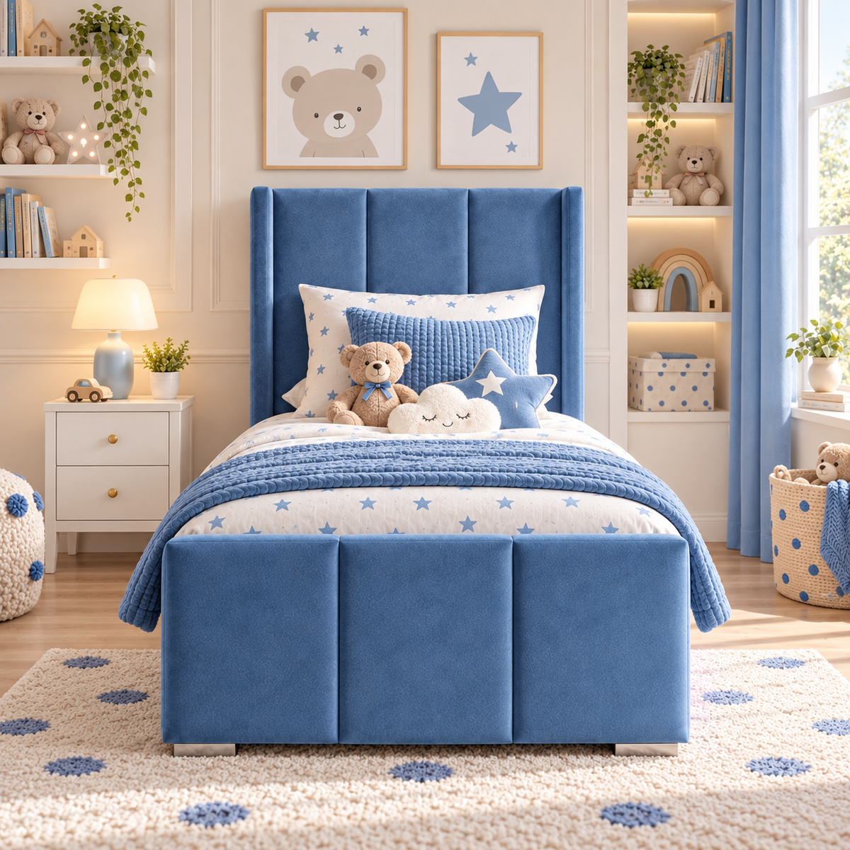 Plush Velvet Blue Kids Panelled Wingback Bed with Footboard and Under-Bed Side-Drawers