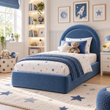 Plush Velvet Blue Kids Upholstered Rainbow Arch Bed with Under-Bed Side-Drawers