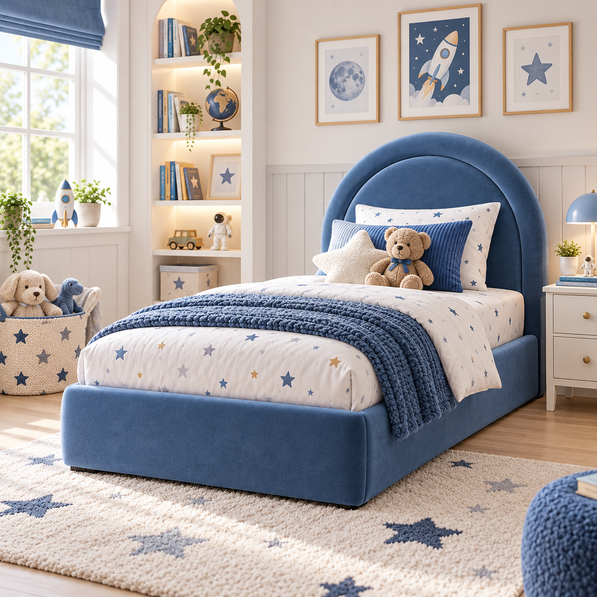 Plush Velvet Blue Kids Upholstered Rainbow Arch Bed with Under-Bed Side-Drawers