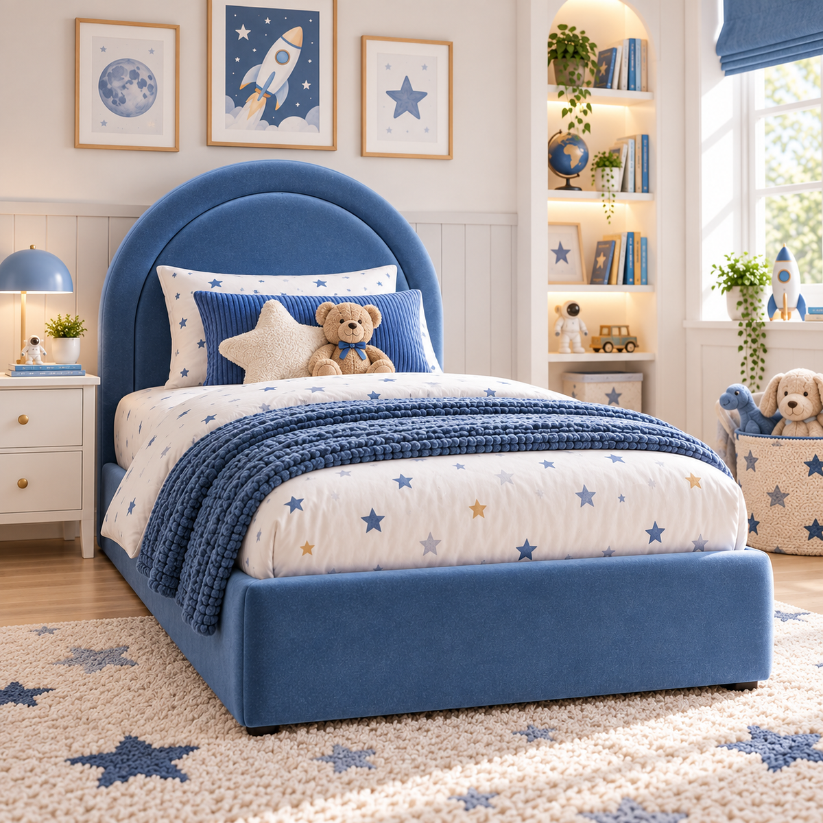 Plush Velvet Blue Kids Upholstered Rainbow Arch Bed with Under-Bed Side-Drawers