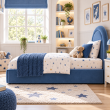 Plush Velvet Blue Kids Upholstered Rainbow Arch Bed with Under-Bed Side-Drawers