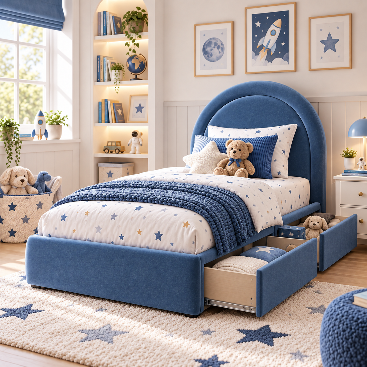 Plush Velvet Blue Kids Upholstered Rainbow Arch Bed with Under-Bed Side-Drawers