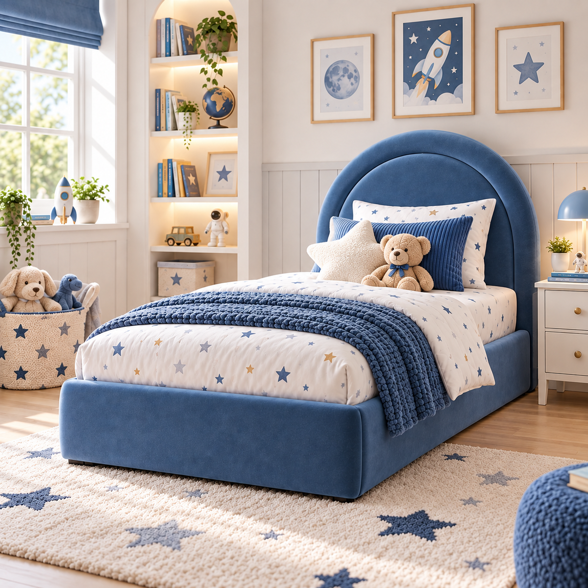 Plush Velvet Blue Kids Upholstered Rainbow Arch Bed with Under-Bed Side-Drawers