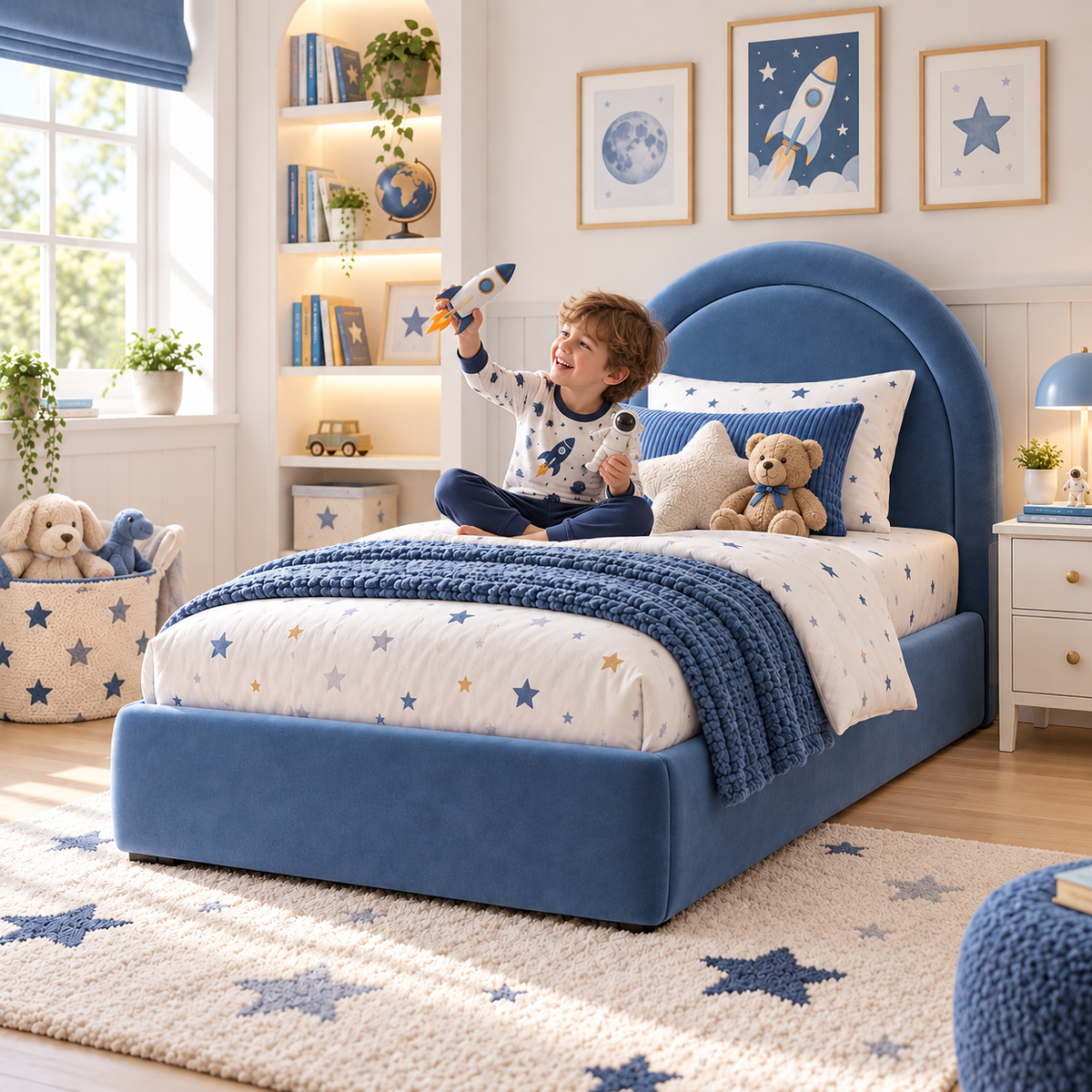 Plush Velvet Blue Kids Upholstered Rainbow Arch Bed with Under-Bed Side-Drawers