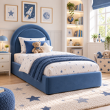 Plush Velvet Blue Kids Upholstered Rainbow Arch Bed with Under-Bed Side-Drawers