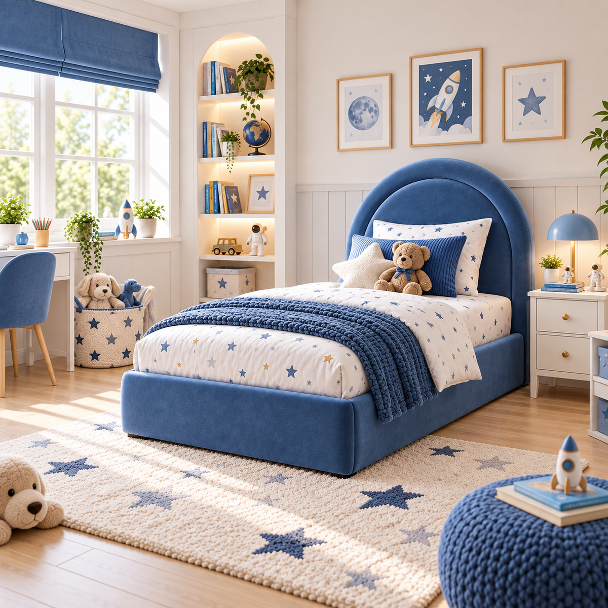 Plush Velvet Blue Kids Upholstered Rainbow Arch Bed with Under-Bed Side-Drawers