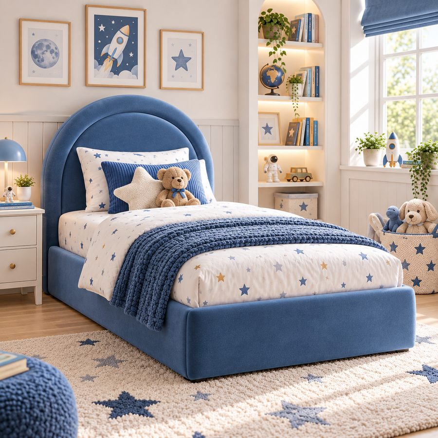 Plush Velvet Blue Kids Upholstered Rainbow Arch Bed with Under-Bed Side-Drawers
