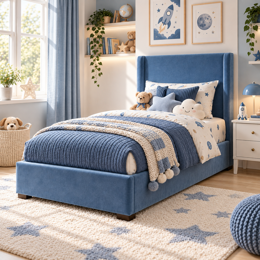 Plush Velvet Blue Kids Upholstered Wingback Bed with Under-Bed Side-Drawers