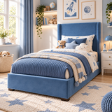 Plush Velvet Blue Kids Upholstered Wingback Bed with Under-Bed Side-Drawers