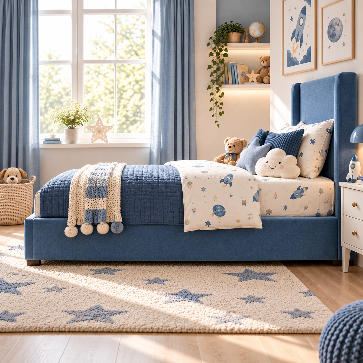 Plush Velvet Blue Kids Upholstered Wingback Bed with Under-Bed Side-Drawers
