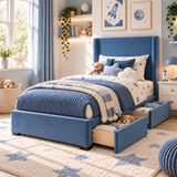 Plush Velvet Blue Kids Upholstered Wingback Bed with Under-Bed Side-Drawers