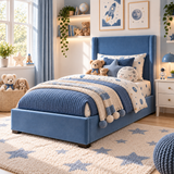Plush Velvet Blue Kids Upholstered Wingback Bed with Under-Bed Side-Drawers