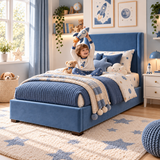 Plush Velvet Blue Kids Upholstered Wingback Bed with Under-Bed Side-Drawers