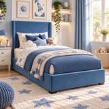 Plush Velvet Blue Kids Upholstered Wingback Bed with Under-Bed Side-Drawers