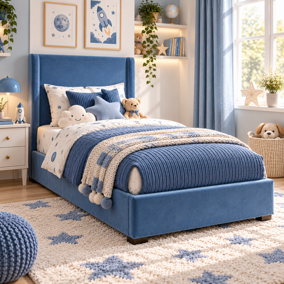 Plush Velvet Blue Kids Upholstered Wingback Bed with Under-Bed Side-Drawers
