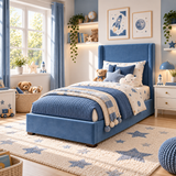 Plush Velvet Blue Kids Upholstered Wingback Bed with Under-Bed Side-Drawers