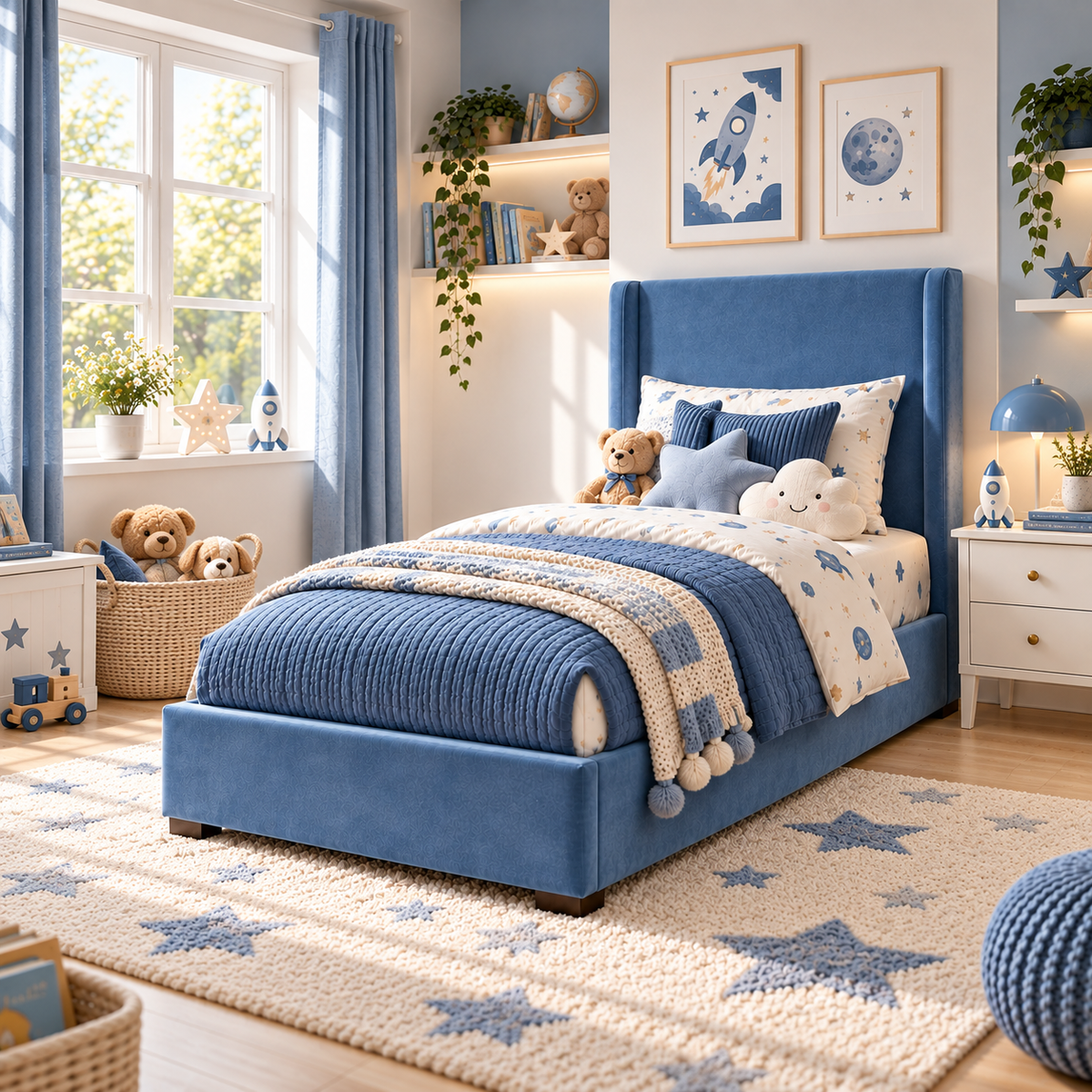 Plush Velvet Blue Kids Upholstered Wingback Bed with Under-Bed Side-Drawers