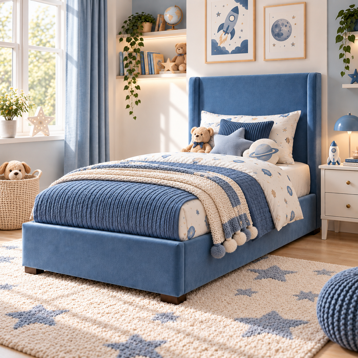 Plush Velvet Blue Kids Upholstered Wingback Bed with Under-Bed Side-Drawers
