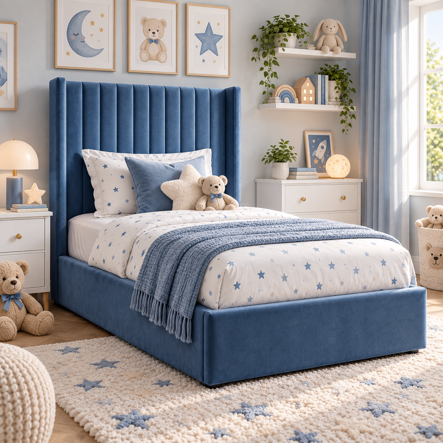 Plush Velvet Blue Kids Upholstered Channel Tufted Wingback Bed with Under-Bed Side-Drawers