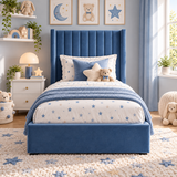 Plush Velvet Blue Kids Upholstered Channel Tufted Wingback Bed with Under-Bed Side-Drawers