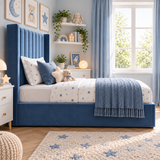 Plush Velvet Blue Kids Upholstered Channel Tufted Wingback Bed with Under-Bed Side-Drawers