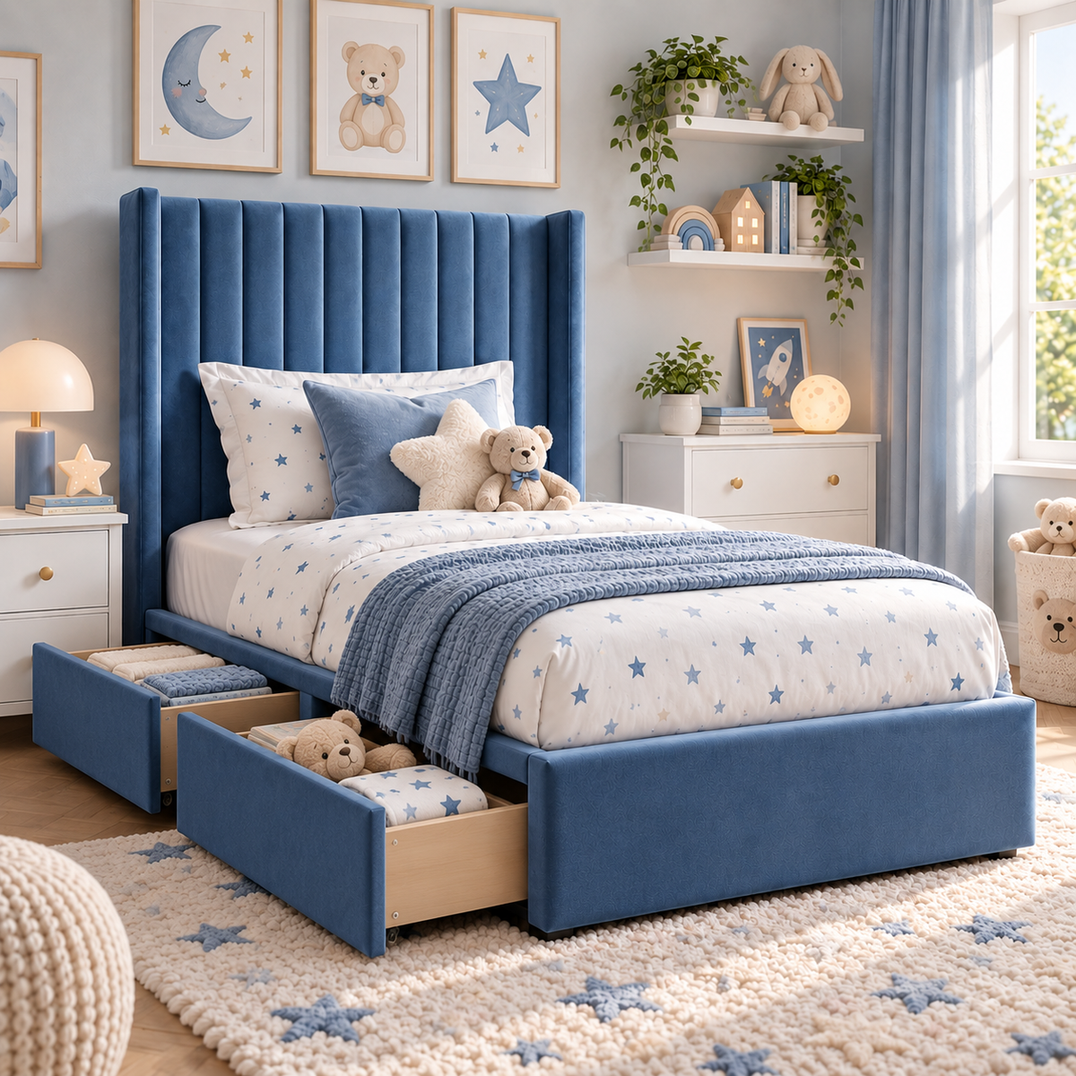Plush Velvet Blue Kids Upholstered Channel Tufted Wingback Bed with Under-Bed Side-Drawers