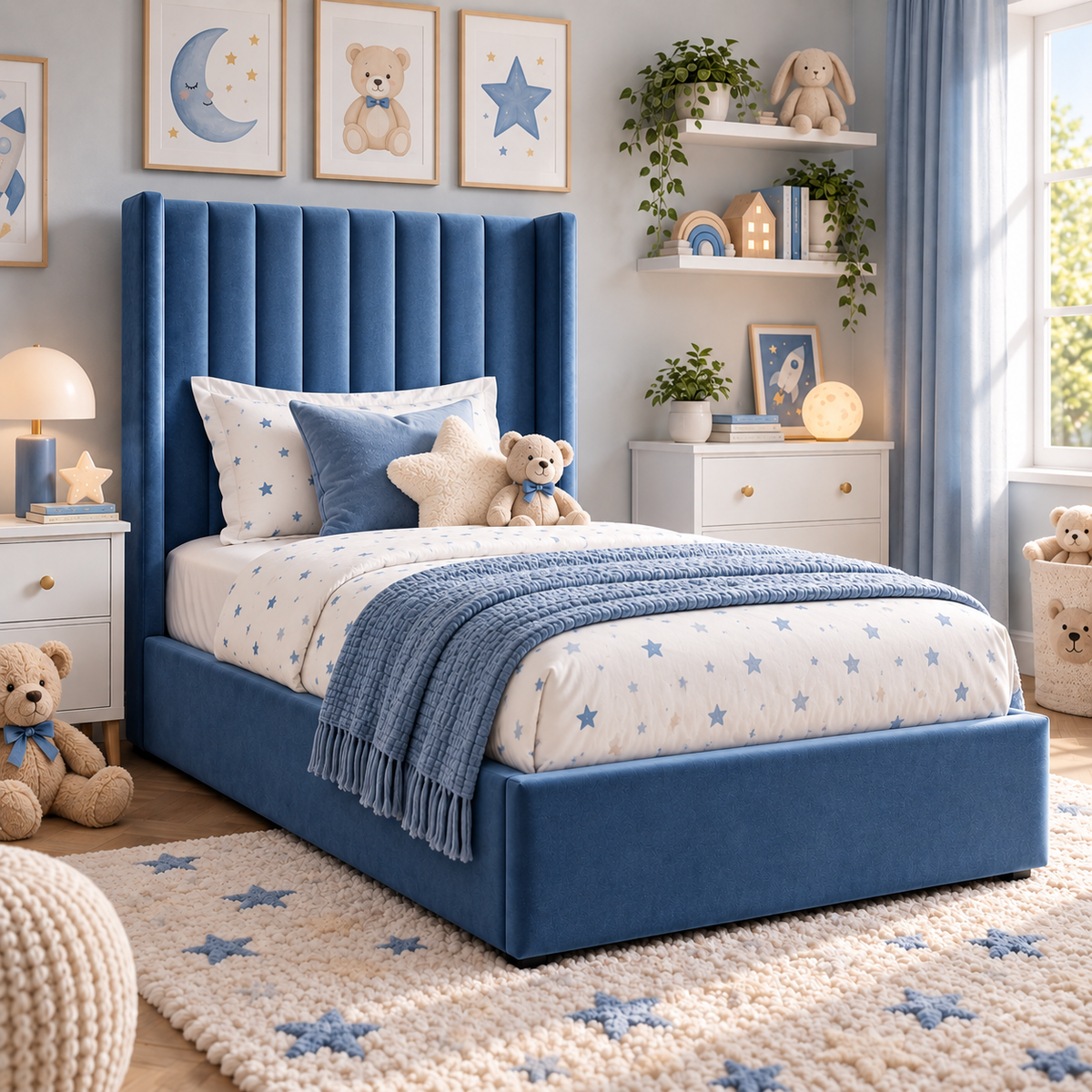 Plush Velvet Blue Kids Upholstered Channel Tufted Wingback Bed with Under-Bed Side-Drawers