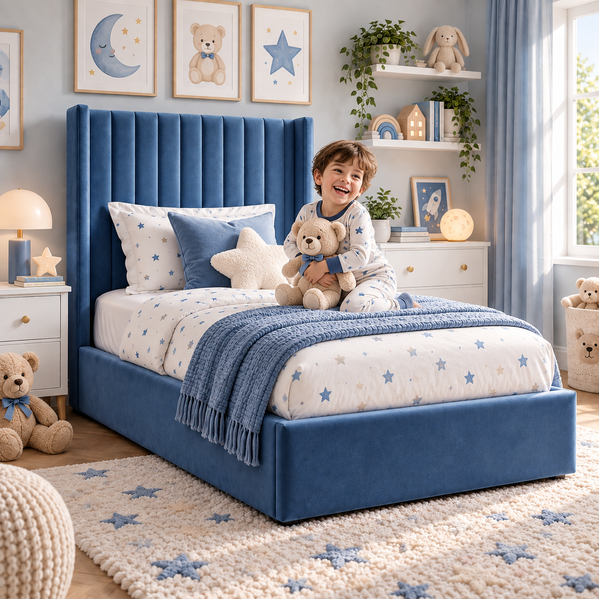 Plush Velvet Blue Kids Upholstered Channel Tufted Wingback Bed with Under-Bed Side-Drawers