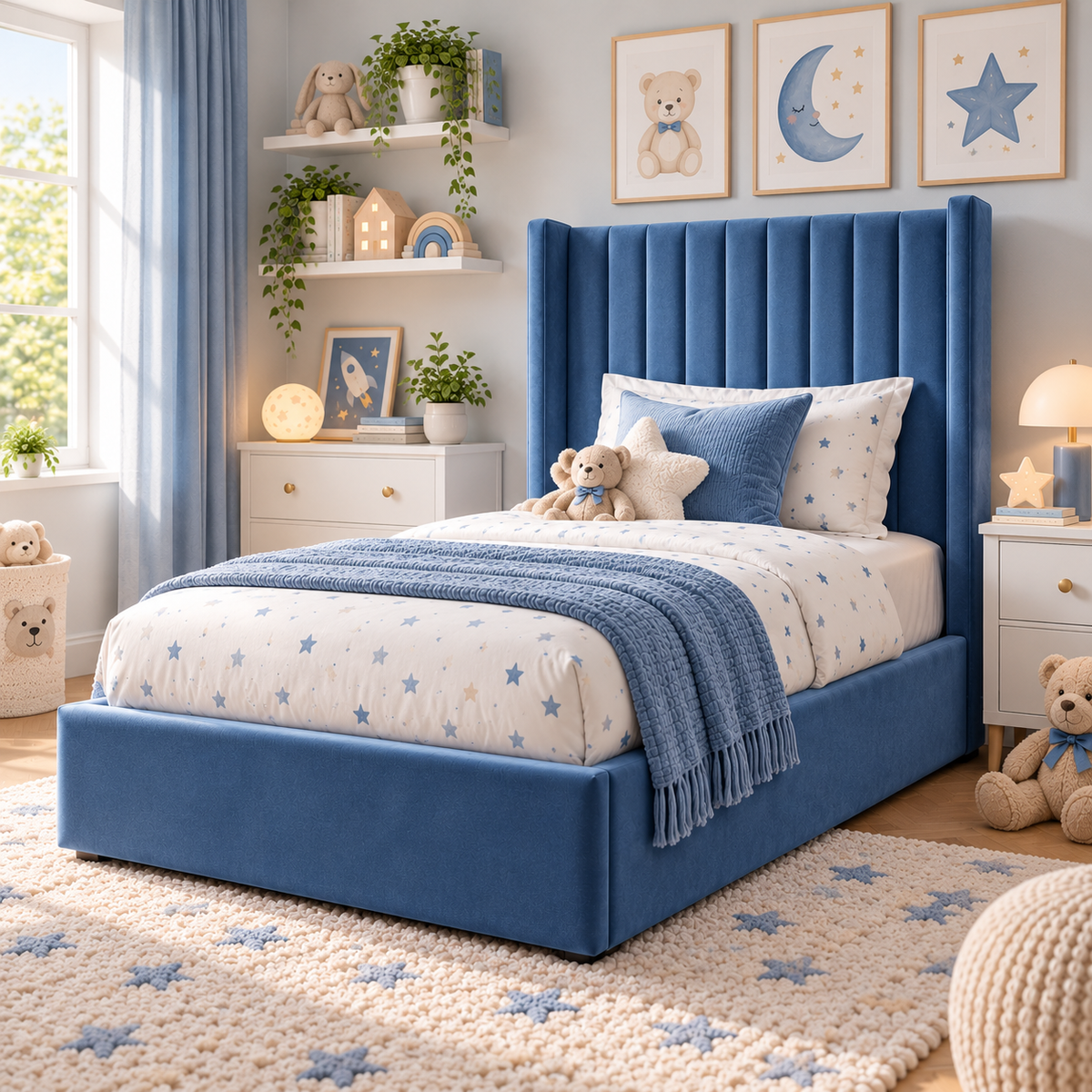 Plush Velvet Blue Kids Upholstered Channel Tufted Wingback Bed with Under-Bed Side-Drawers