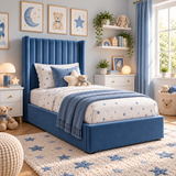Plush Velvet Blue Kids Upholstered Channel Tufted Wingback Bed with Under-Bed Side-Drawers