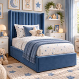 Plush Velvet Blue Kids Upholstered Channel Tufted Wingback Bed with Under-Bed Side-Drawers