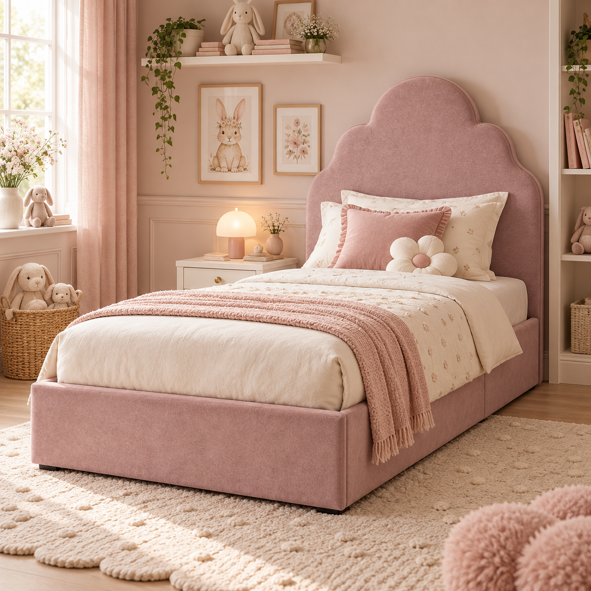 Plush Velvet Pink Kids Upholstered Cloud Bed with Under-Bed Side-Drawers